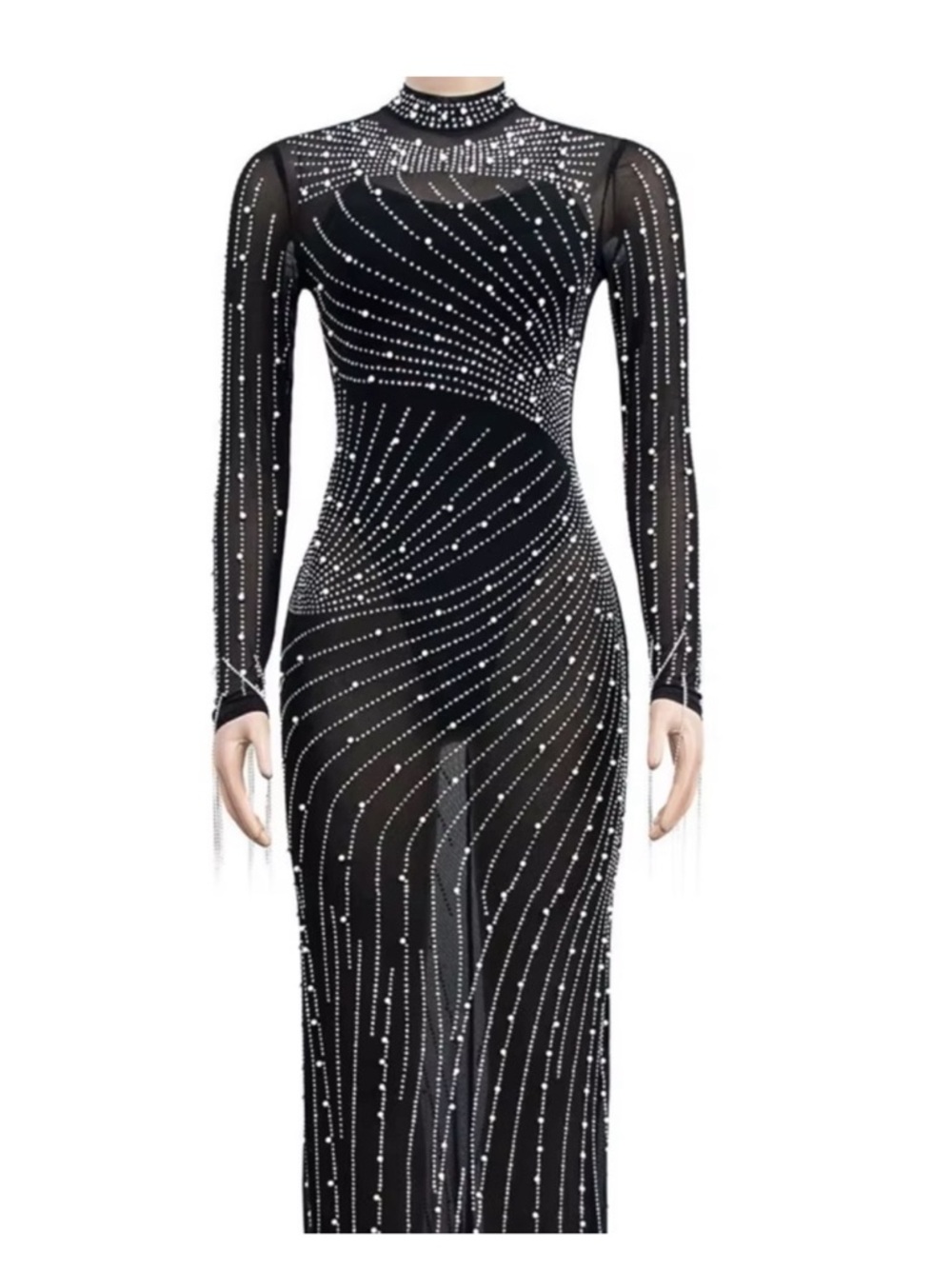 Black Long-Sleeve Sheer Crystal-Embellished Evening Dress